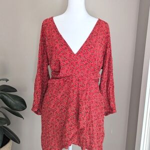 Free People Large deep V wrap mini dress Red floral Tie Back